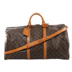 Brown Louis Vuitton Keepall Bandoulière 60 Monogram travel bag with tan leather handles, an adjustable shoulder strap, luggage tag and gold-tone hardware.