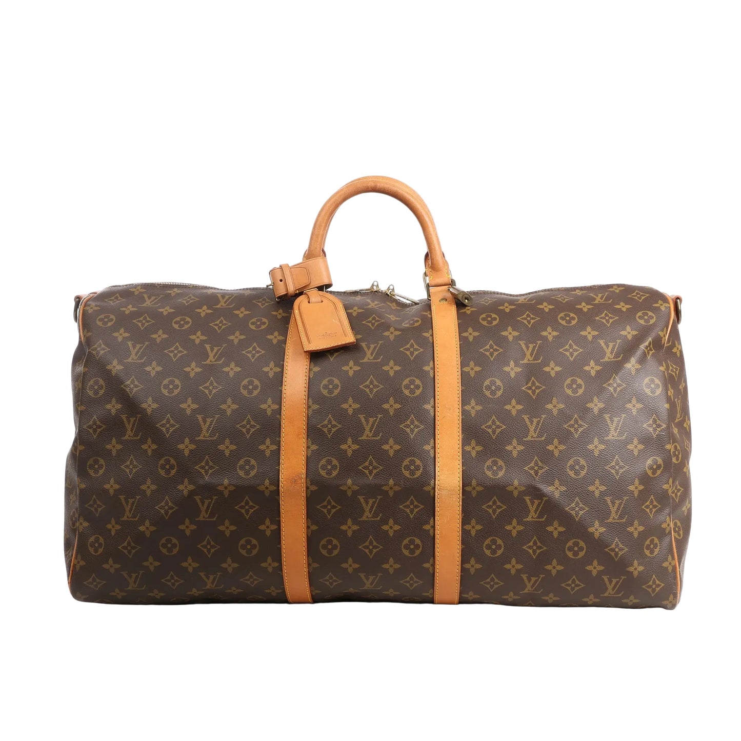 Louis Vuitton Keepall Bandoulière 60 travel bag in Monogram canvas with tan cowhide leather trim, dual top handles, luggage tag, and gold-tone zipper.
