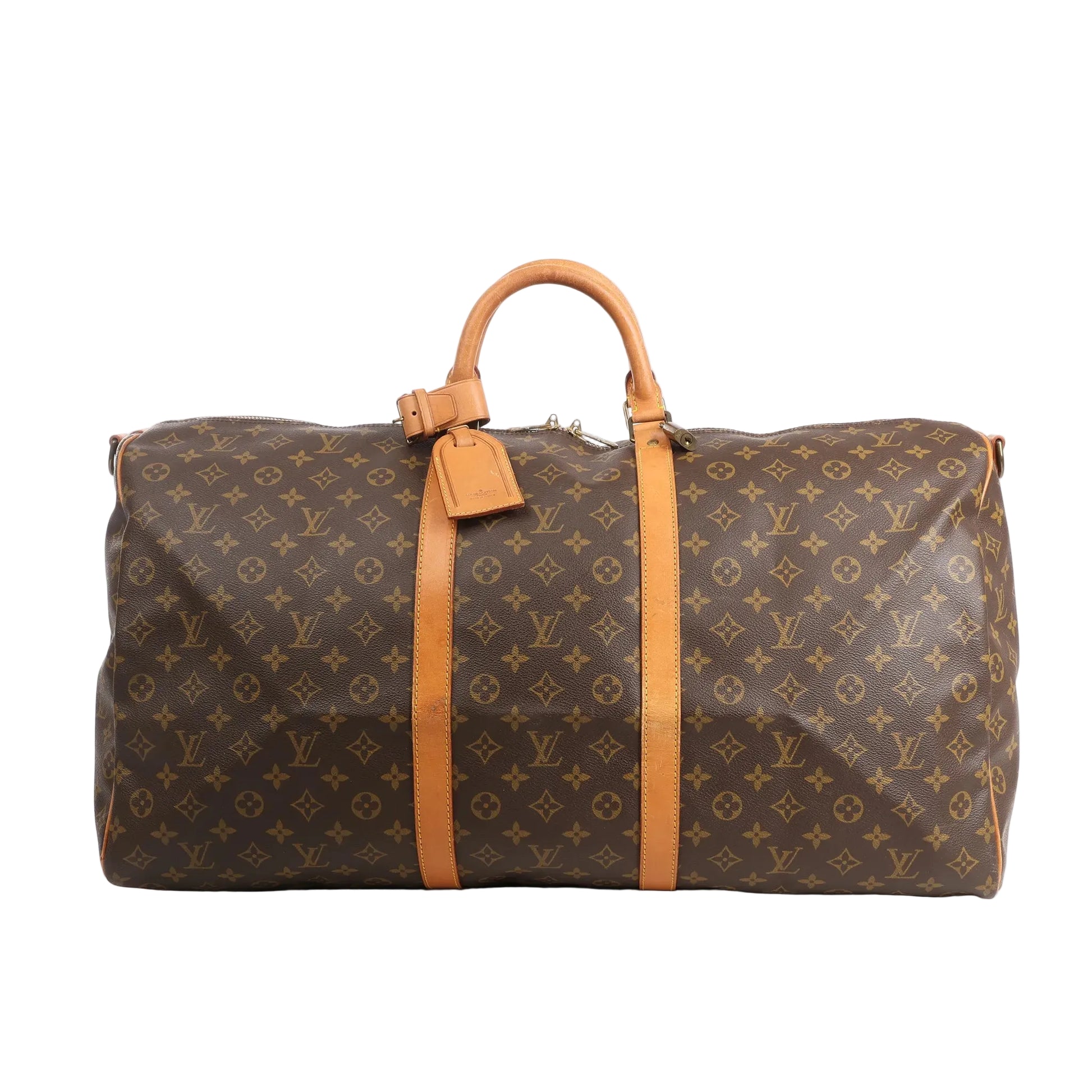 Louis Vuitton Keepall Bandoulière 60 travel bag in Monogram canvas with tan cowhide leather trim, dual top handles, luggage tag, and gold-tone zipper.