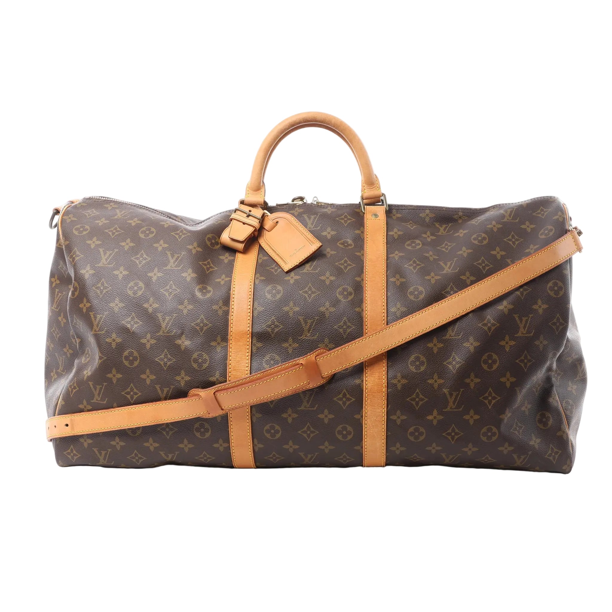 Louis Vuitton Monogram canvas Keepall Bandoulière 60 duffle bag with tan leather handles, luggage tag, and shoulder strap on white background