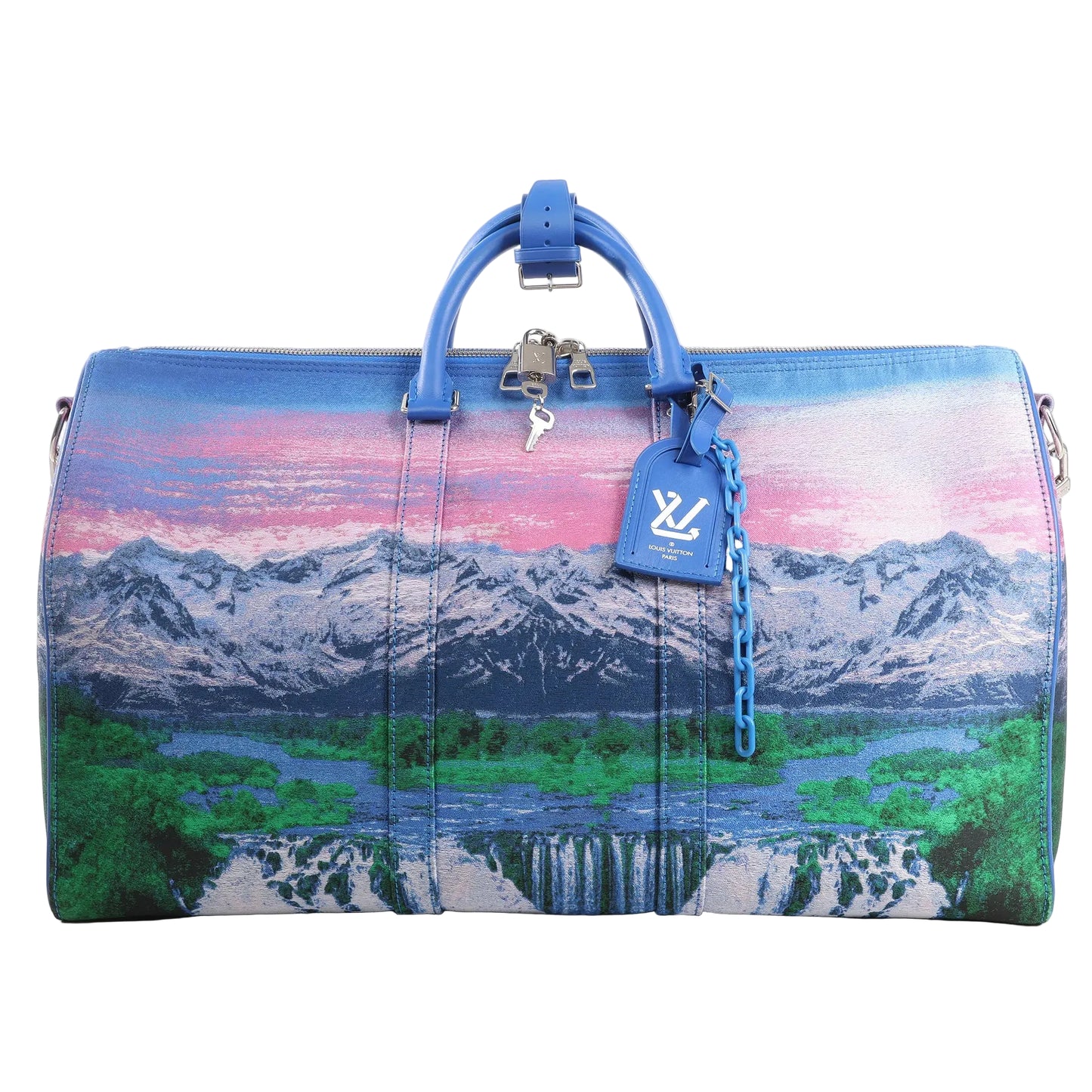 Louis Vuitton Keepall Bandoulière 50 M59676 travel bag in blue canvas featuring a colorful mountain and waterfall landscape print, blue leather trim, silver-tone hardware, and top handles with luggage tag and key bell.