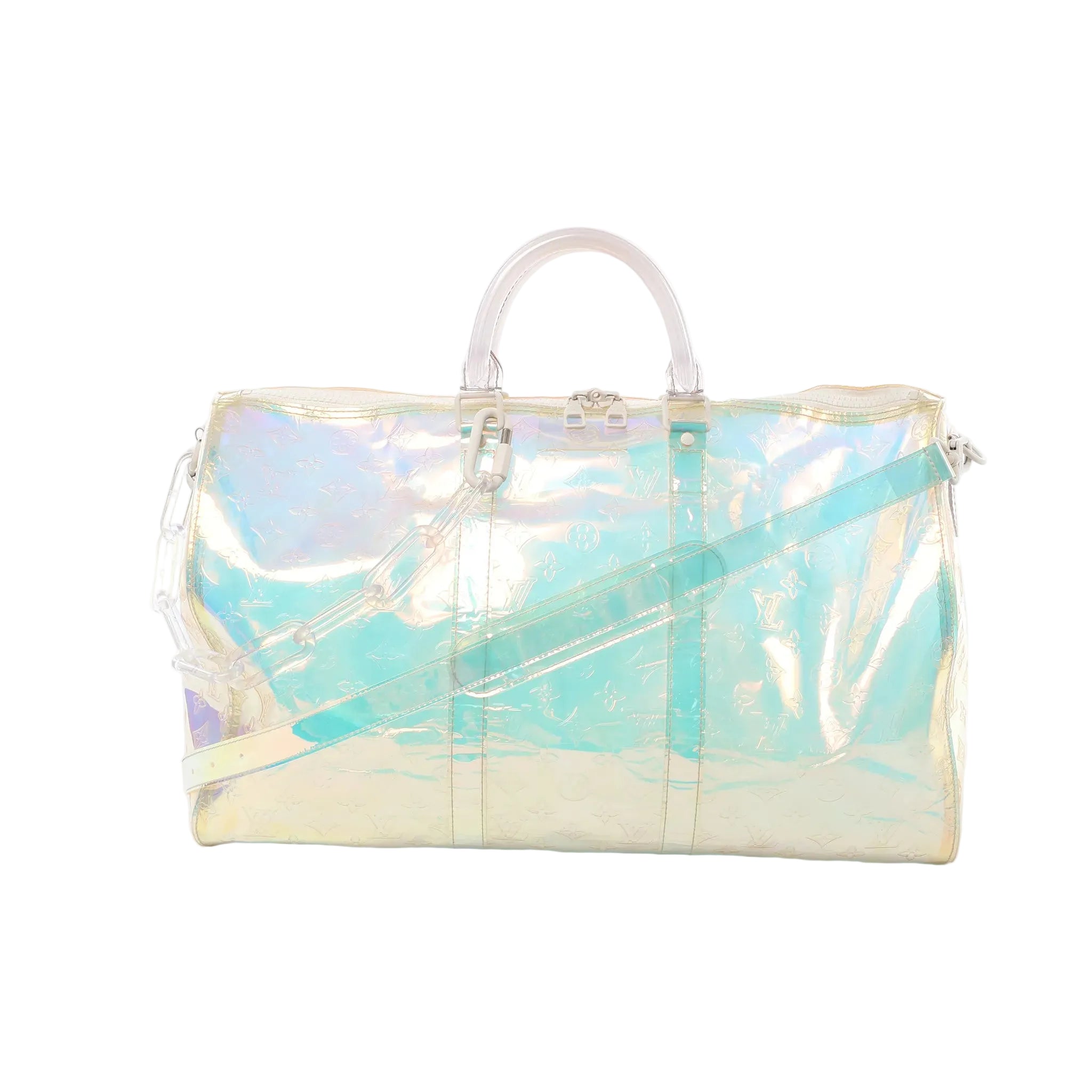 Louis Vuitton Keepall Bandoulière 50 Monogram Prism travel bag with iridescent transparent embossed Monogram, clear top handles, and detachable shoulder strap on white background.