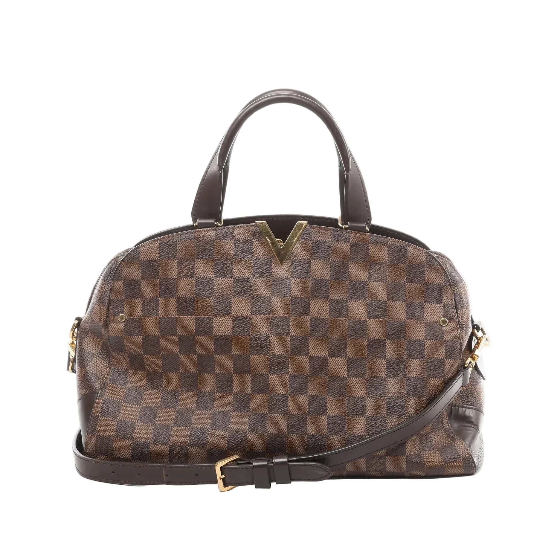 Louis Vuitton Kensington Bowling handbag in brown Damier Ebene coated canvas with dark leather top handles, gold-tone V detail, removable shoulder strap, and structured silhouette on a white background.
