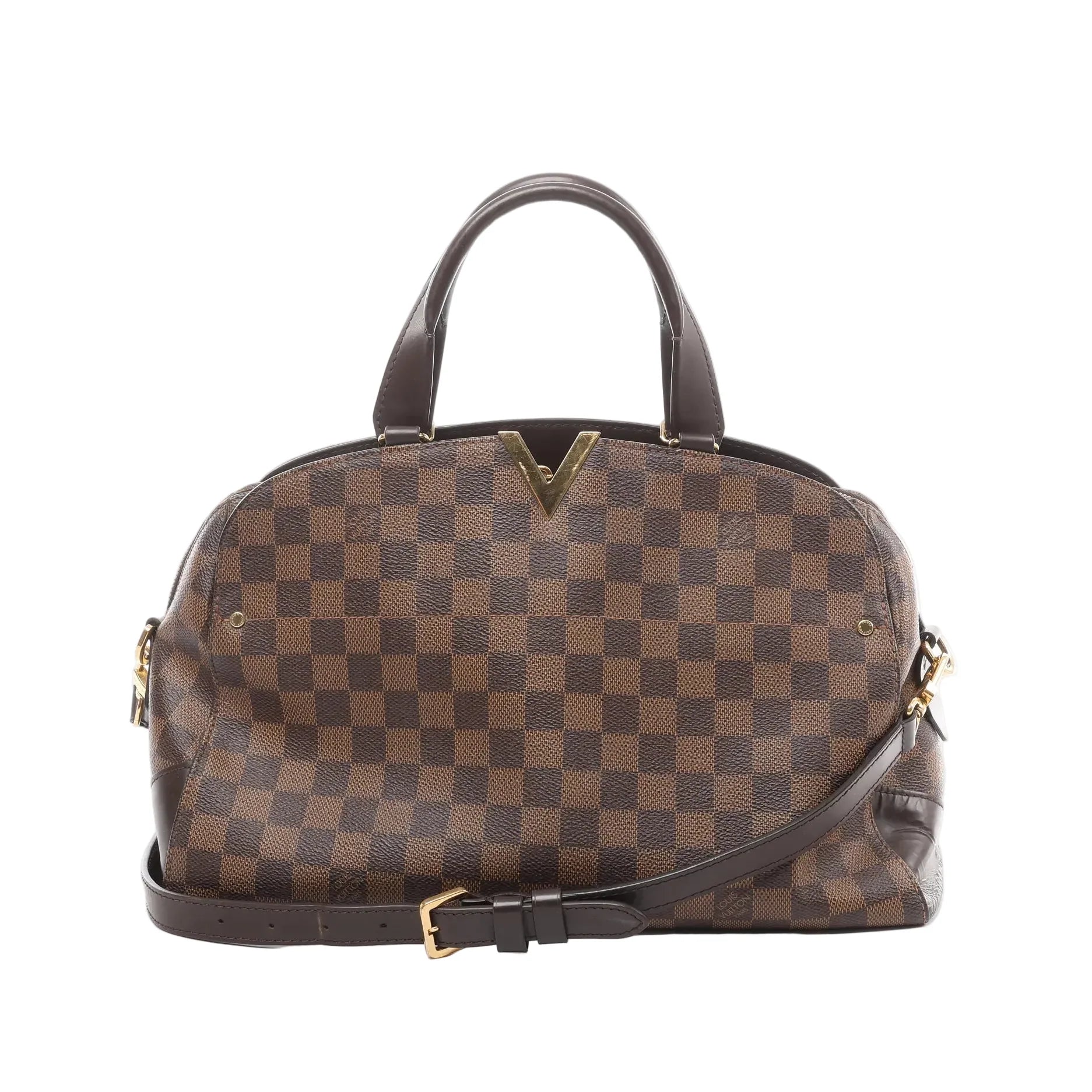 Louis Vuitton Kensington Bowling handbag in brown Damier Ebene coated canvas with dark leather top handles, gold-tone V detail, removable shoulder strap, and structured silhouette on a white background.