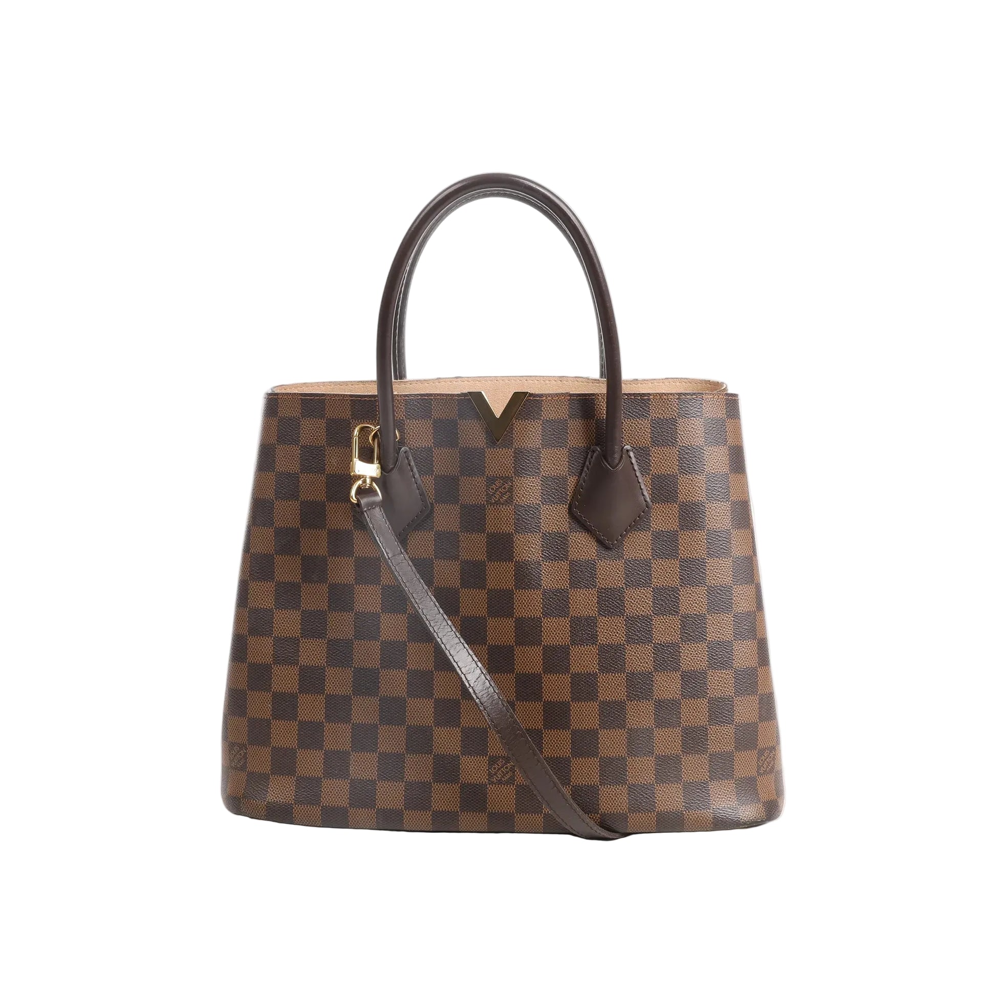 Louis Vuitton Kensington 2Way handbag in Damier Ebene canvas with dark brown leather handles, removable shoulder strap, and gold-tone V accent and hardware.