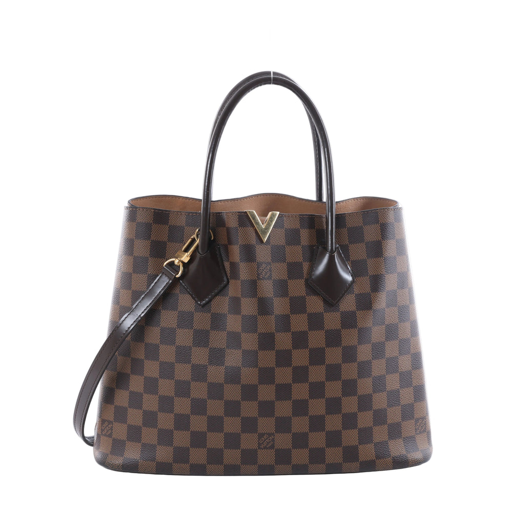 Louis Vuitton Kensington handbag in brown Damier Ebene canvas with dark brown leather handles, shoulder strap and gold-tone V hardware on a white background.