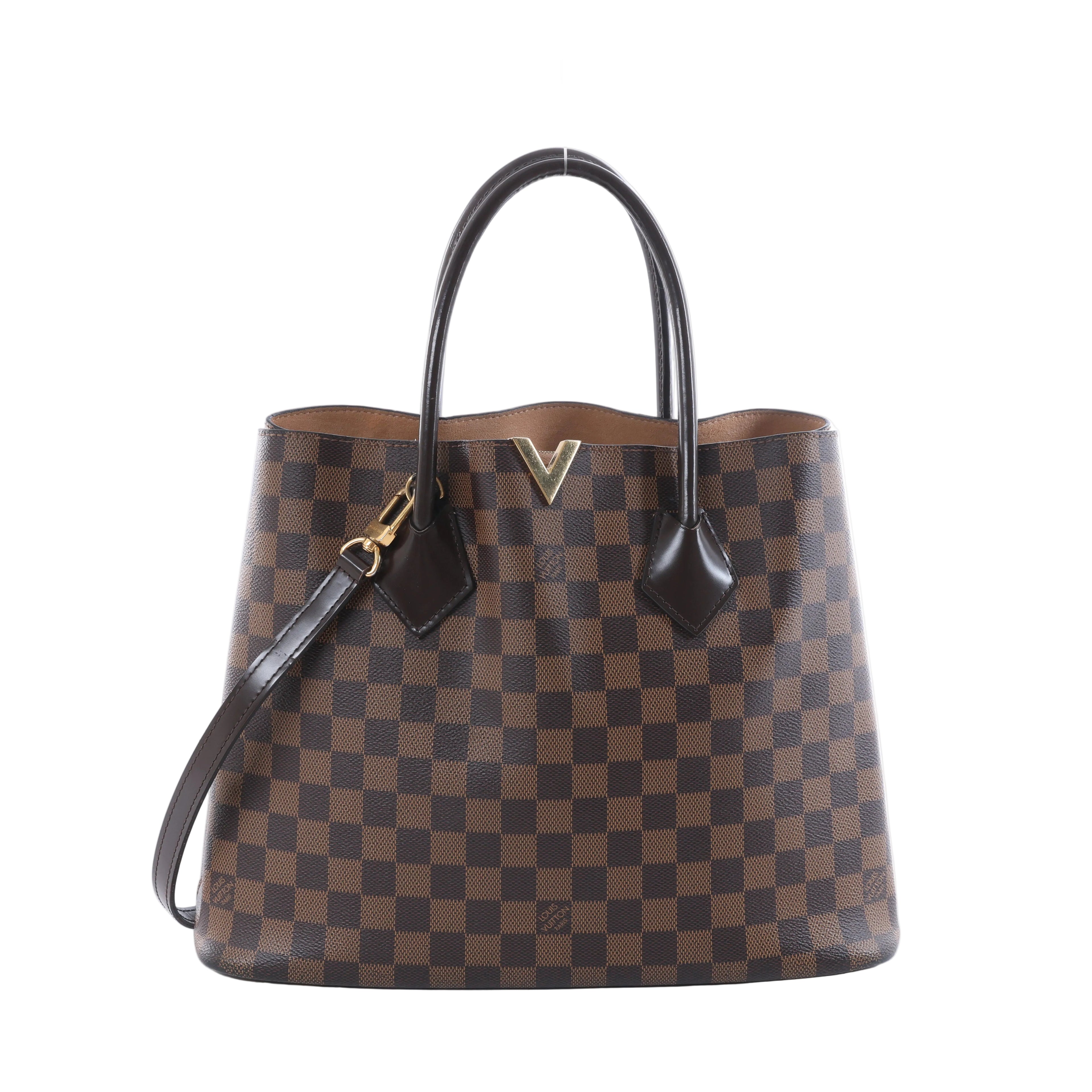 Louis Vuitton Kensington handbag in brown Damier Ebene canvas with dark brown leather handles, shoulder strap and gold-tone V hardware on a white background.