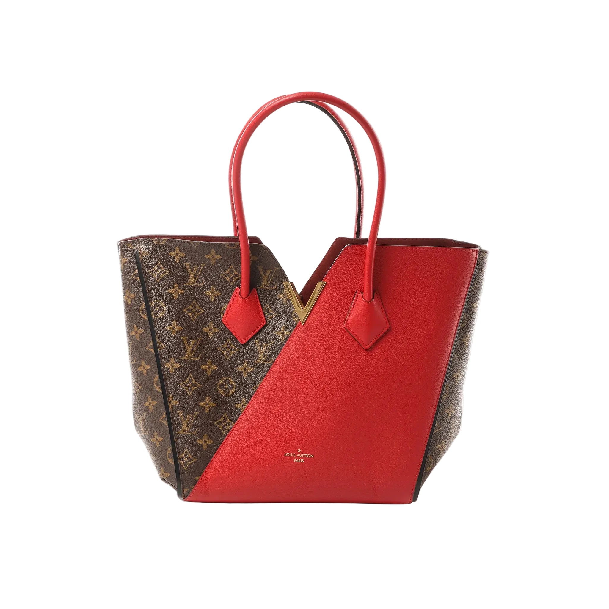 Louis Vuitton Kimono MM shoulder bag in brown Monogram canvas with red leather panels, gold-tone V detail, and red leather shoulder straps on white background.