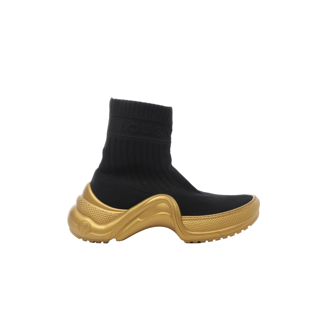 Side view of a Louis Vuitton black knit high-top sock sneaker with a ribbed cuff, tonal lettering and an oversized wave-shaped gold sole.
