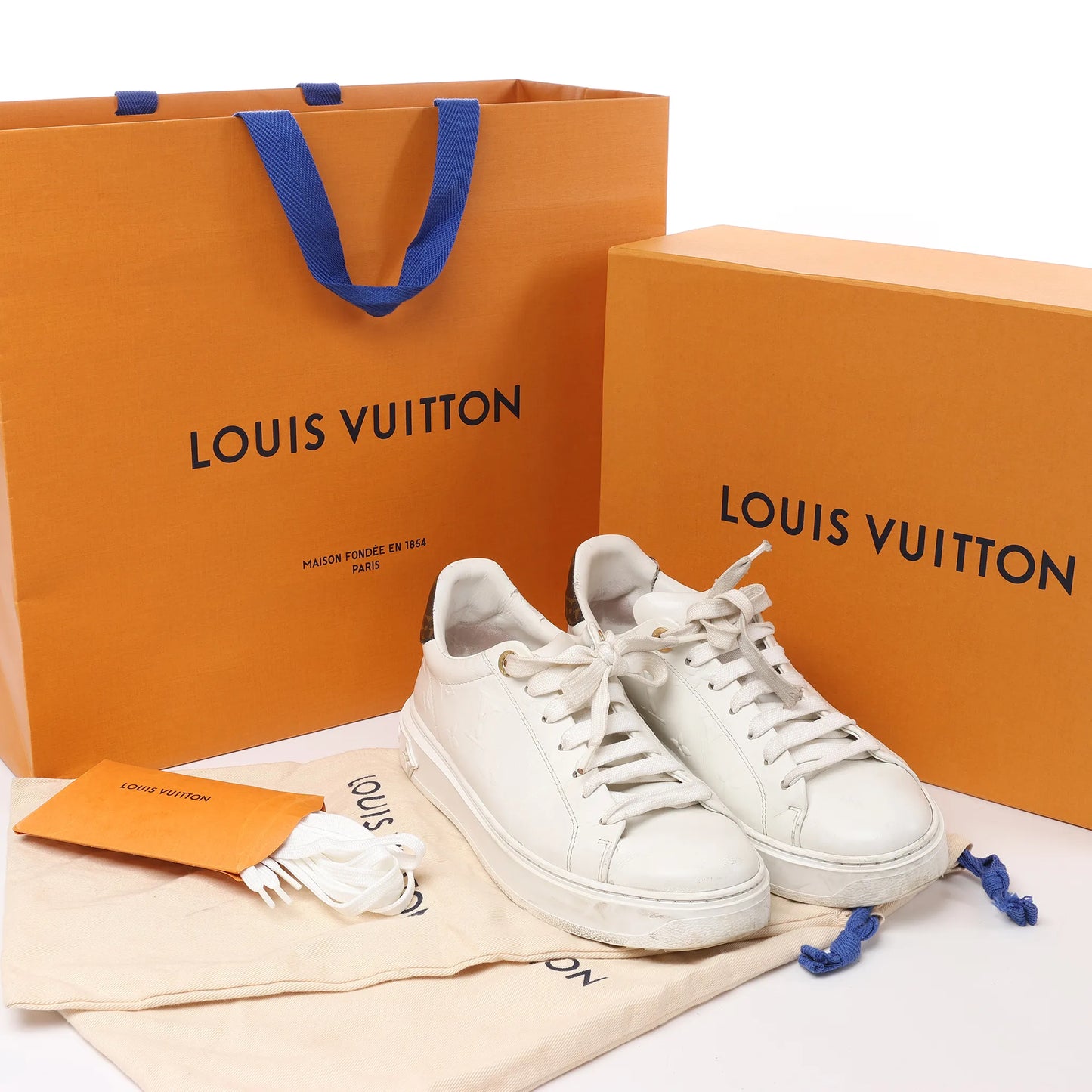 Louis Vuitton Leather Monogram Time Out Sneakers in White, Size 38 EU