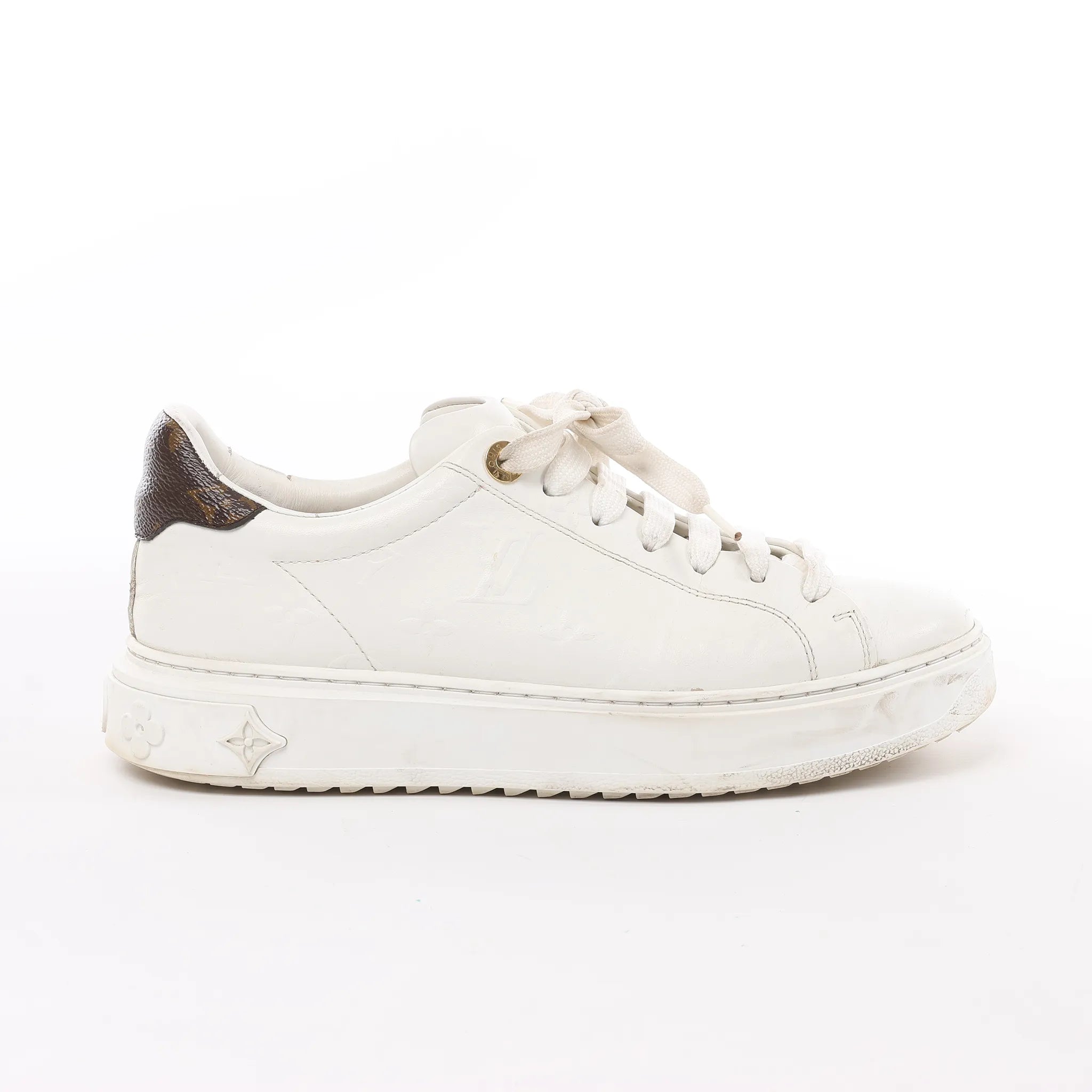 Louis Vuitton Leather Monogram Time Out Sneakers in White, Size 38 EU