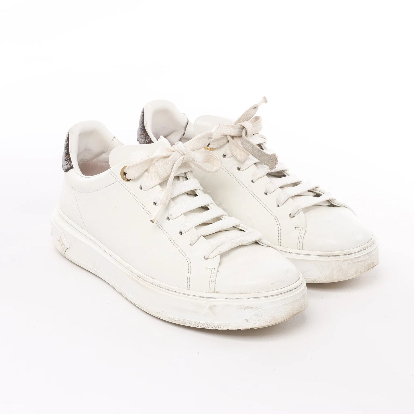 Louis Vuitton Leather Monogram Time Out Sneakers in White, Size 38 EU