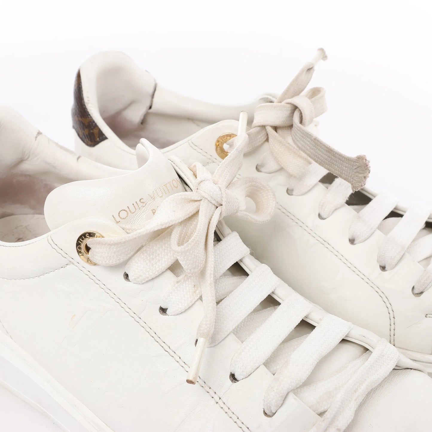 Louis Vuitton Leather Monogram Time Out Sneakers in White, Size 38 EU