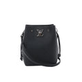 Louis Vuitton LockMe black grained leather bucket bag with silver-tone LV lock, drawstring side ties, slim crossbody strap and open top on white background.