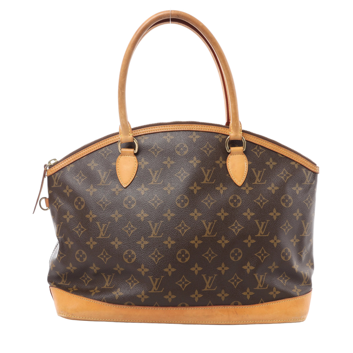 Louis Vuitton Lockit Horizontal shoulder bag in brown Monogram canvas with rounded tan leather handles, leather base and curved zip top, shown from the front.