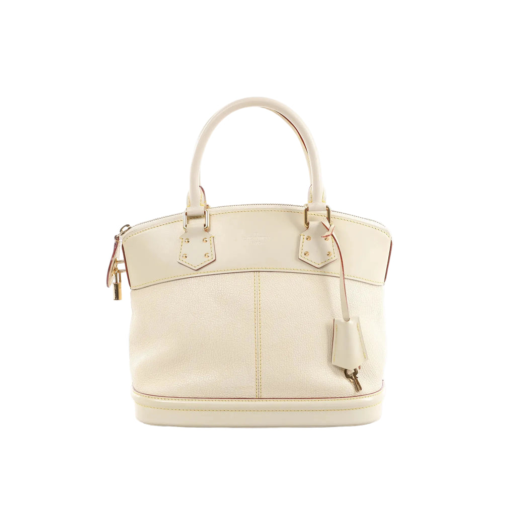 Louis Vuitton white leather top-handle handbag with zip-top closure, gold-tone hardware, side padlock, and hanging clochette with keys