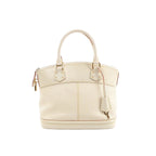 Louis Vuitton white leather top-handle handbag with zip-top closure, gold-tone hardware, side padlock, and hanging clochette with keys