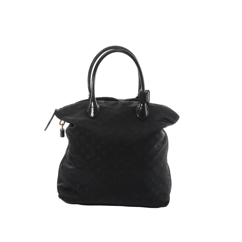Louis Vuitton Lockit Vertical MM dark navy Monogram Désil shoulder bag with glossy black top handles, zip closure, and hanging padlock detail on a white background.