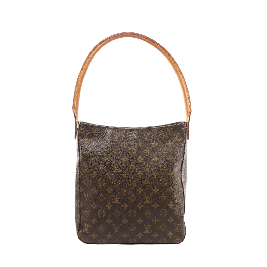 Louis Vuitton Looping GM shoulder bag in brown Monogram canvas with a curved tan vachetta leather loop handle, front view on white background.