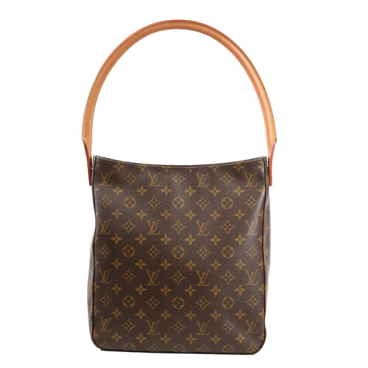 Front view of the Louis Vuitton Looping GM shoulder bag M51145 in brown Monogram canvas, featuring a single structured natural leather handle and a tall, roomy silhouette.