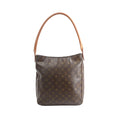 Louis Vuitton Monogram canvas Looping GM shoulder bag with a single curved tan leather shoulder strap on a white background.