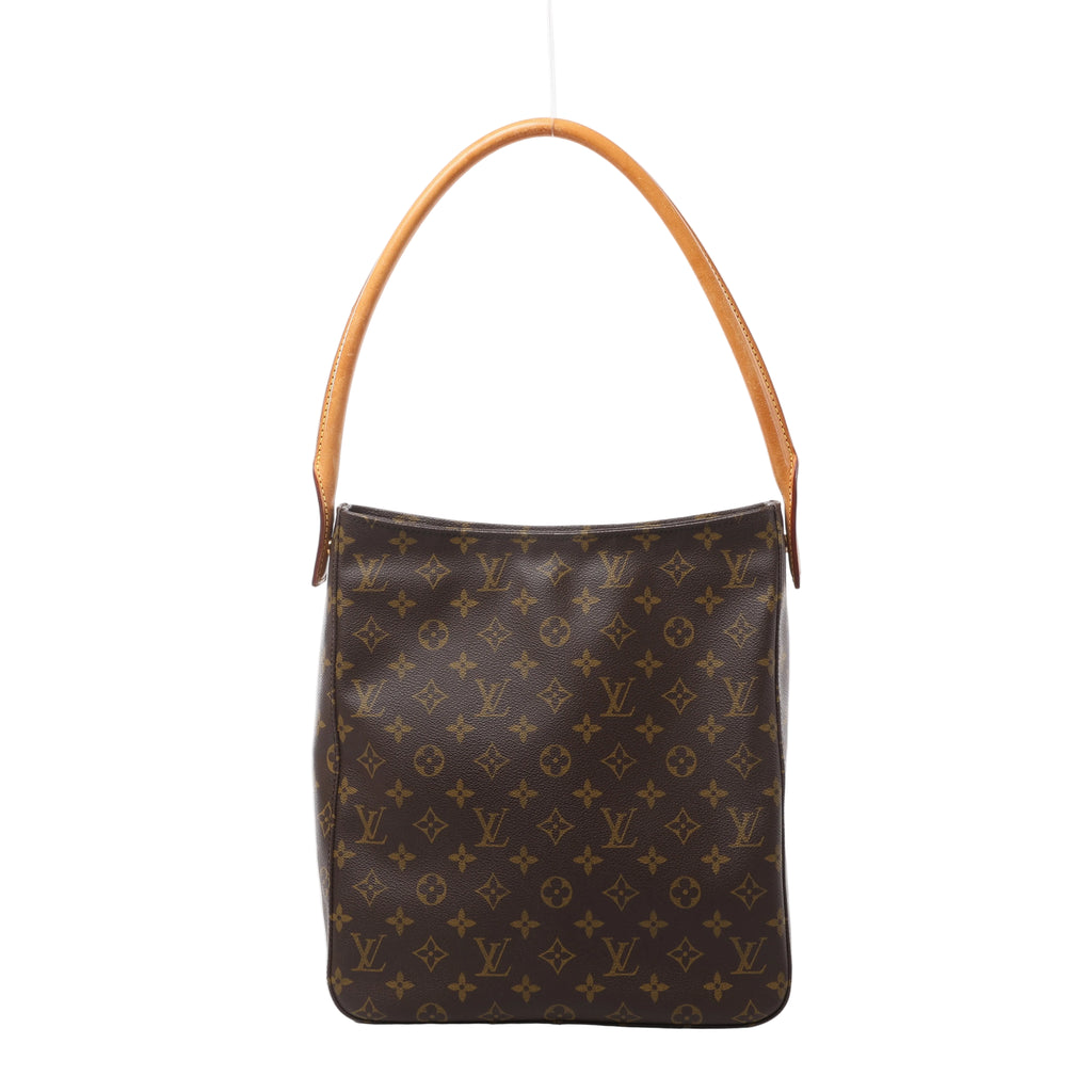 Front view of a brown Louis Vuitton Looping GM shoulder bag with Monogram canvas, rounded bottom corners and a curved tan leather shoulder handle.