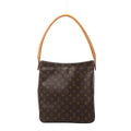 Front view of a brown Louis Vuitton Looping GM shoulder bag with Monogram canvas, rounded bottom corners and a curved tan leather shoulder handle.