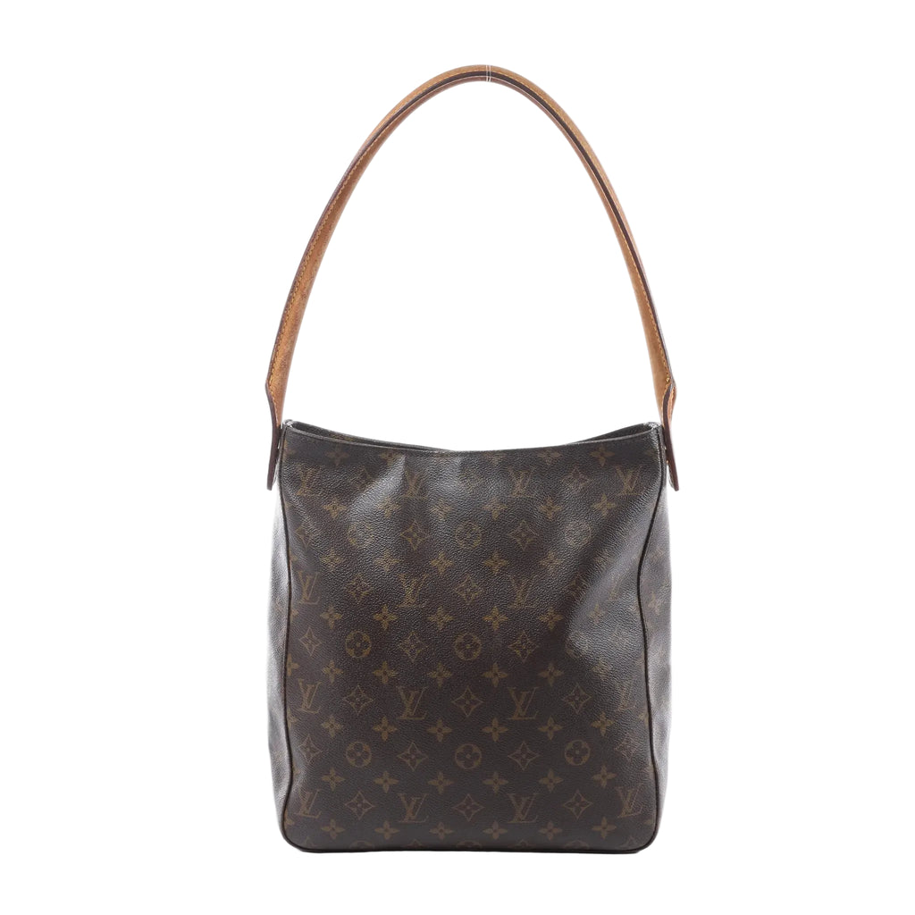 Louis Vuitton Looping GM shoulder bag in brown Monogram canvas with a curved tan leather strap and tall structured silhouette.