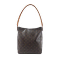 Louis Vuitton Looping GM shoulder bag in brown Monogram canvas with a curved tan leather strap and tall structured silhouette.