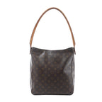 Louis Vuitton Looping GM shoulder bag in brown Monogram canvas with a curved tan leather strap and tall structured silhouette.