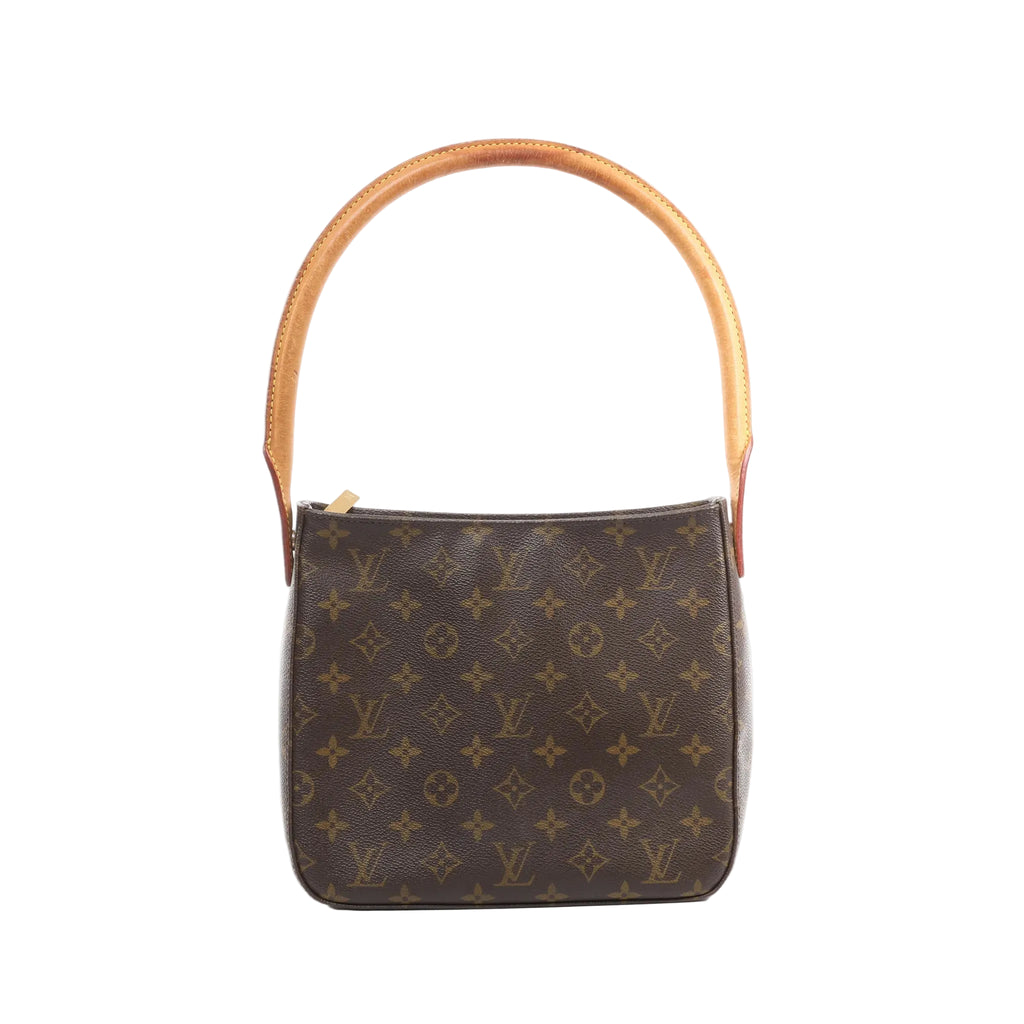 Louis Vuitton Looping MM brown Monogram canvas shoulder bag with a structured bucket shape and a large natural vachetta leather loop handle, shown on a white background.