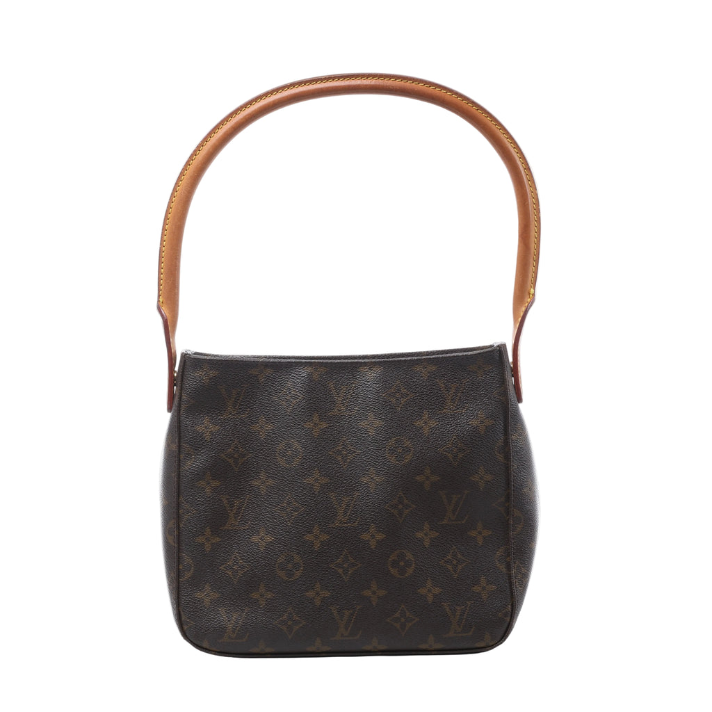Brown Louis Vuitton Looping MM Monogram canvas shoulder bag with a curved tan leather handle and softly structured body.