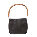Brown Louis Vuitton Looping MM Monogram canvas shoulder bag with a curved tan leather handle and softly structured body.