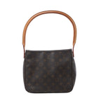 Brown Louis Vuitton Looping MM Monogram canvas shoulder bag with a curved tan leather handle and softly structured body.