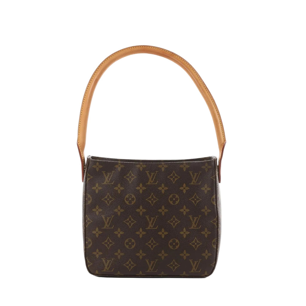 Louis Vuitton Looping MM shoulder bag in brown monogram canvas with tan leather strap, front view on white background.