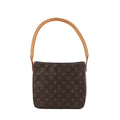 Louis Vuitton Looping MM shoulder bag in brown monogram canvas with tan leather strap, front view on white background.