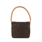 Louis Vuitton Looping MM shoulder bag in brown monogram canvas with tan leather strap, front view on white background.