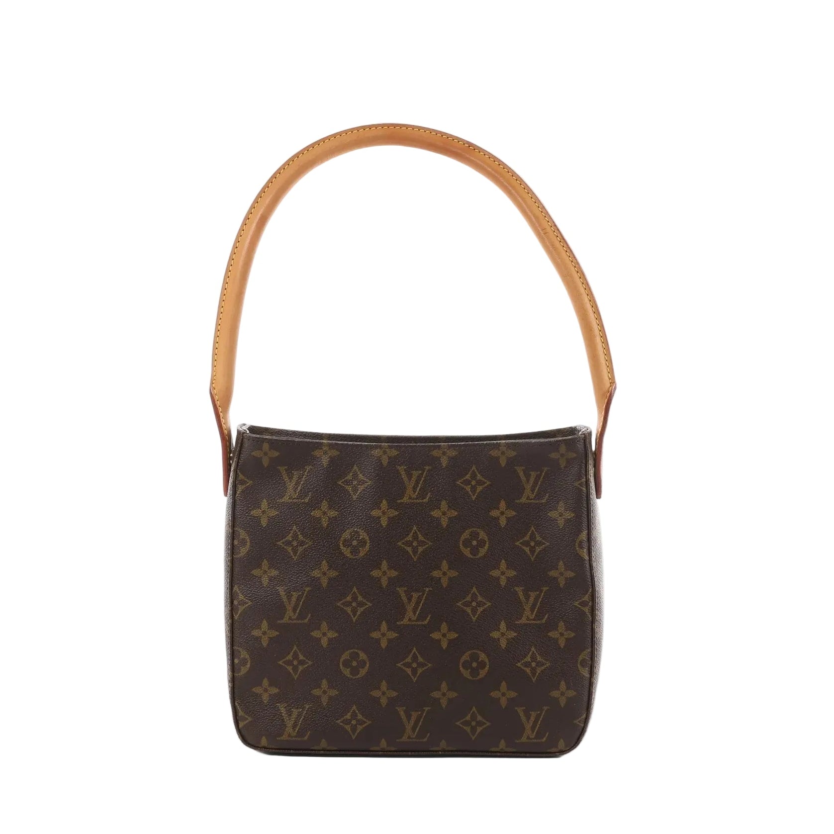 Louis Vuitton Looping MM shoulder bag in brown monogram canvas with tan leather strap, front view on white background.
