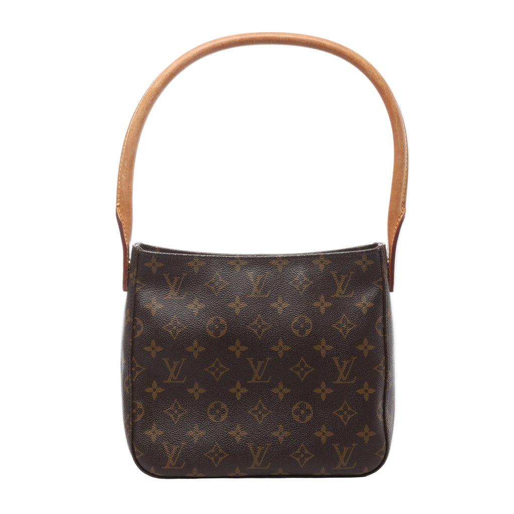 Brown Louis Vuitton Looping MM Monogram canvas shoulder bag with a curved tan leather handle and softly structured body.