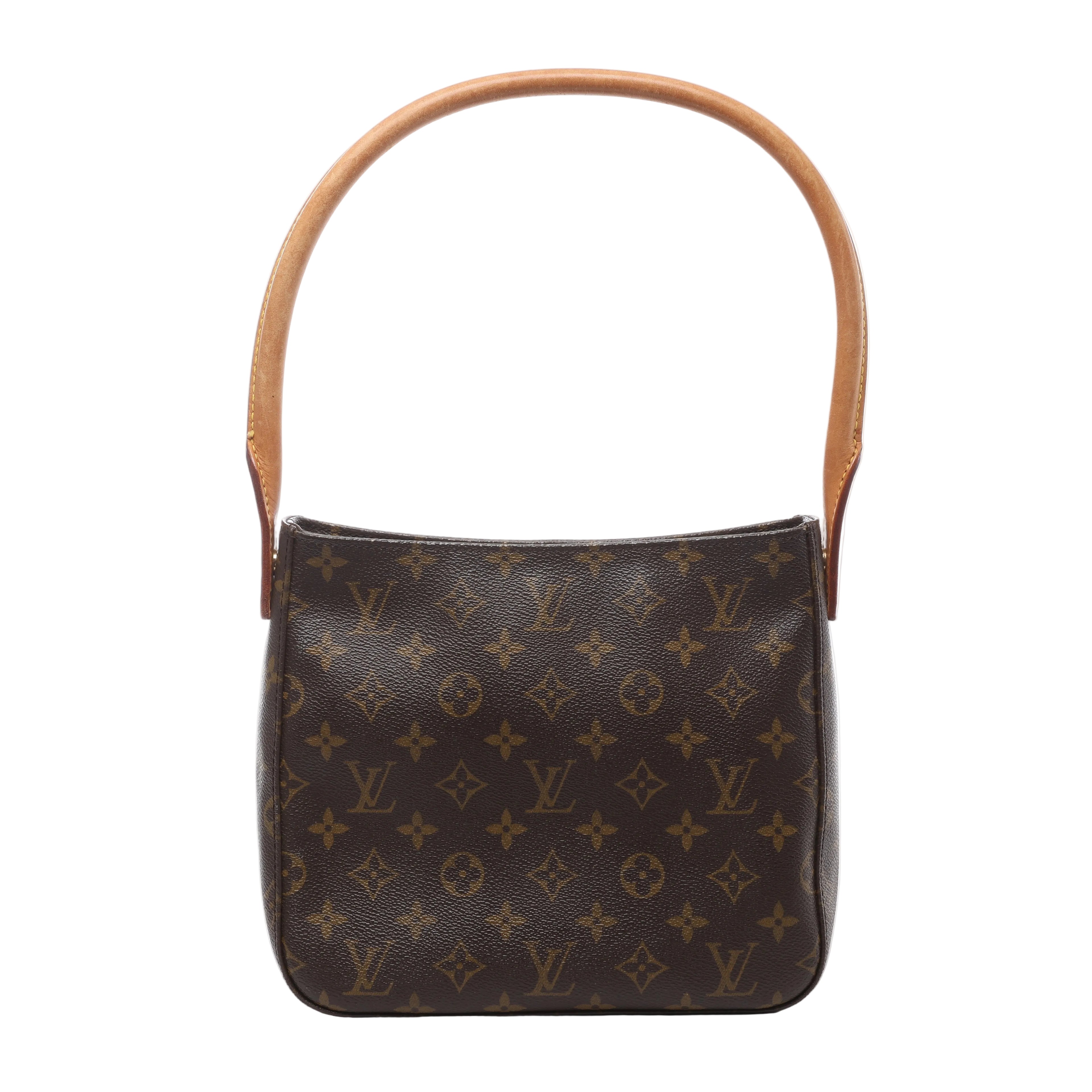 Brown Louis Vuitton Looping MM Monogram canvas shoulder bag with a curved tan leather handle and softly structured body.