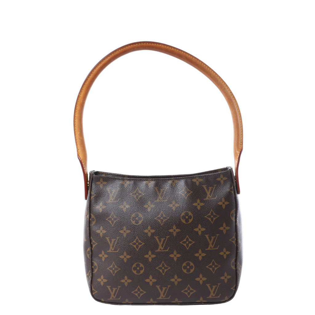 Louis Vuitton Looping MM brown Monogram shoulder bag with curved tan leather strap and zip-top closure.