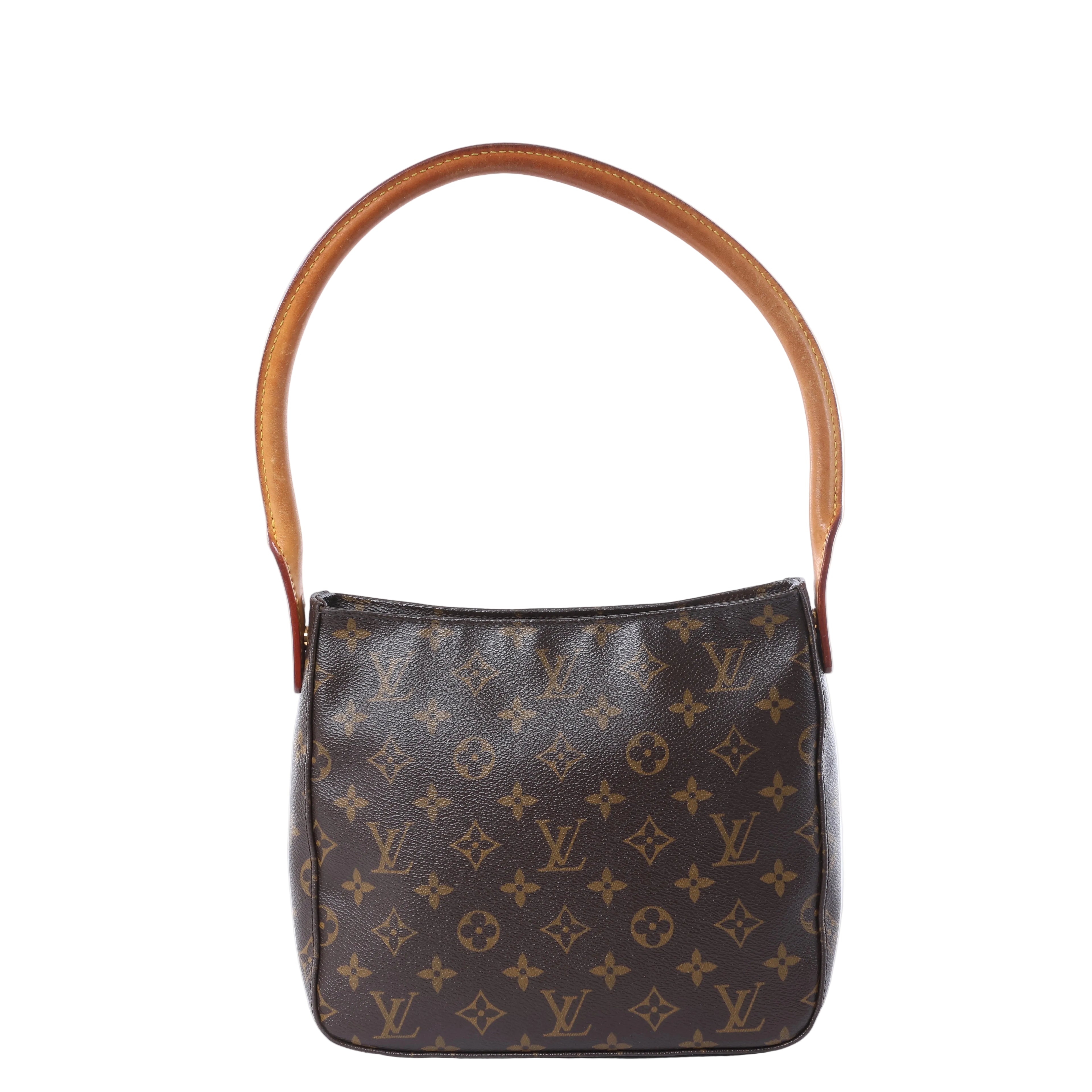 Louis Vuitton Looping MM brown Monogram shoulder bag with curved tan leather strap and zip-top closure.