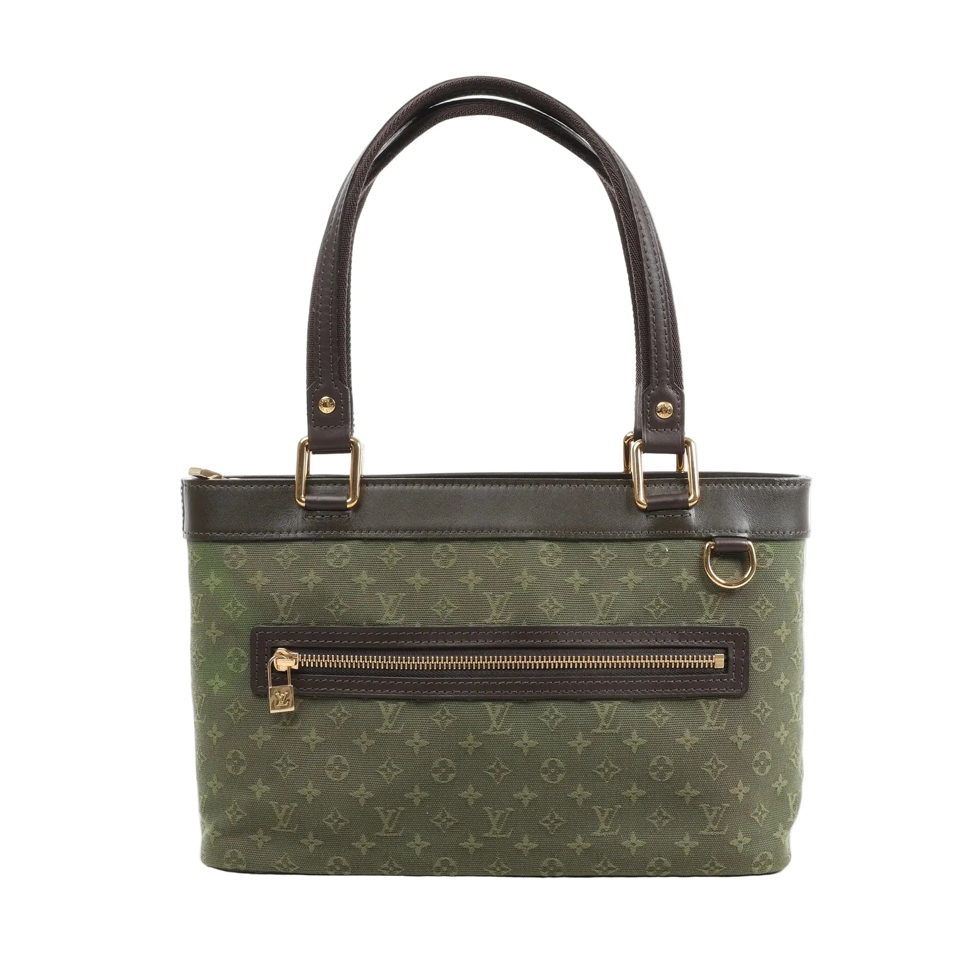 Front view of the Louis Vuitton Monogram Luceille PM Handbag M92682 in khaki, featuring green monogram mini lin canvas, dark brown leather trim and handles, front zip pocket with gold-tone hardware, and a structured silhouette, set against a white background.