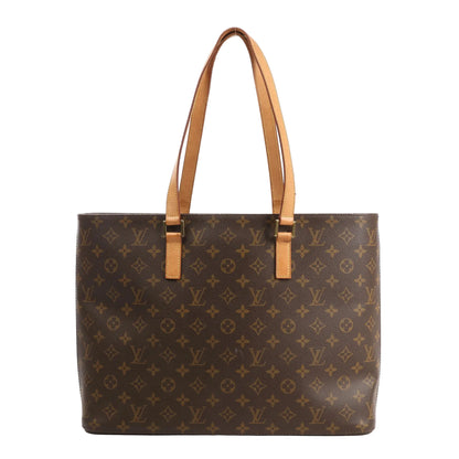 Front view of a Louis Vuitton Luco shoulder bag in brown Monogram canvas, featuring dual natural leather shoulder straps and a structured rectangular silhouette.