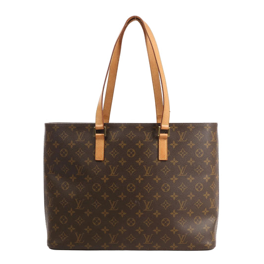 Front view of a Louis Vuitton Luco shoulder bag in brown Monogram canvas, featuring dual natural leather shoulder straps and a structured rectangular silhouette.
