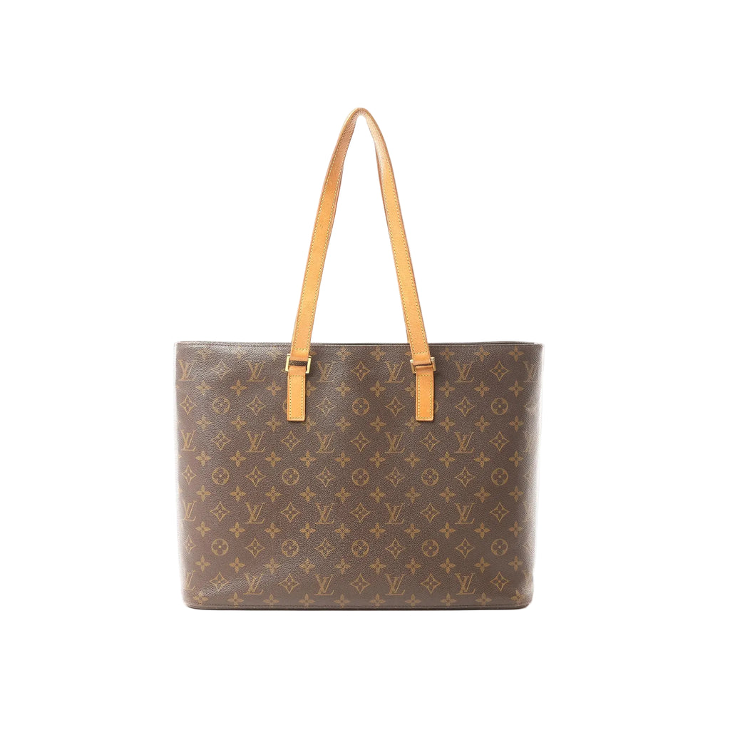 Louis Vuitton Luco Monogram canvas tote bag in brown with tan vachetta leather shoulder straps and structured rectangular shape