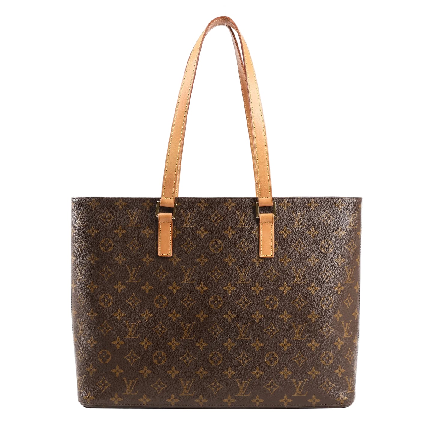 Louis Vuitton Luco Shoulder Bag in brown Monogram canvas with dual natural leather shoulder straps, rectangular structure, and gold-tone hardware. Model M51155.