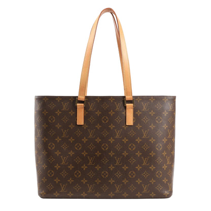 Louis Vuitton Luco Shoulder Bag in brown Monogram canvas with dual natural leather shoulder straps, rectangular structure, and gold-tone hardware. Model M51155.