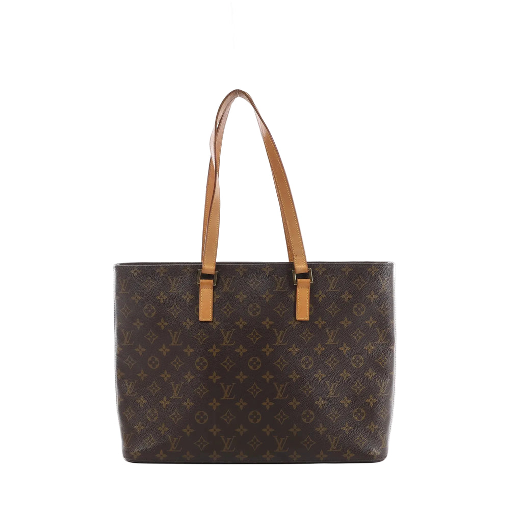 Louis Vuitton Luco shoulder bag in brown Monogram canvas with long tan leather straps and a structured rectangular tote shape.