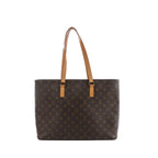 Louis Vuitton Luco shoulder bag in brown Monogram canvas with long tan leather straps and a structured rectangular tote shape.